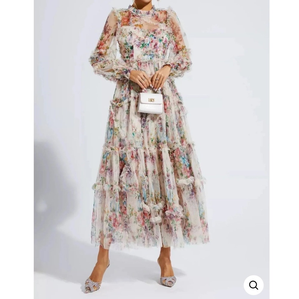 Catchall Floral Maxi Dress Women Size M NEW Tiered Mesh Ruffle Long Sleeve